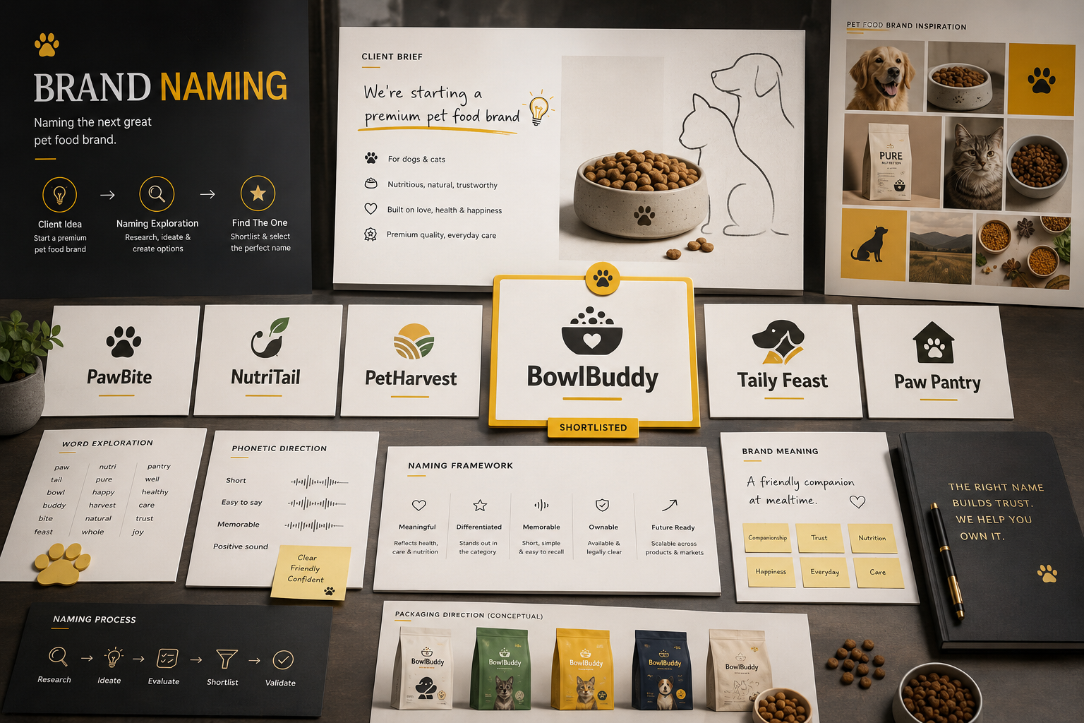 Premium brand naming strategy workspace